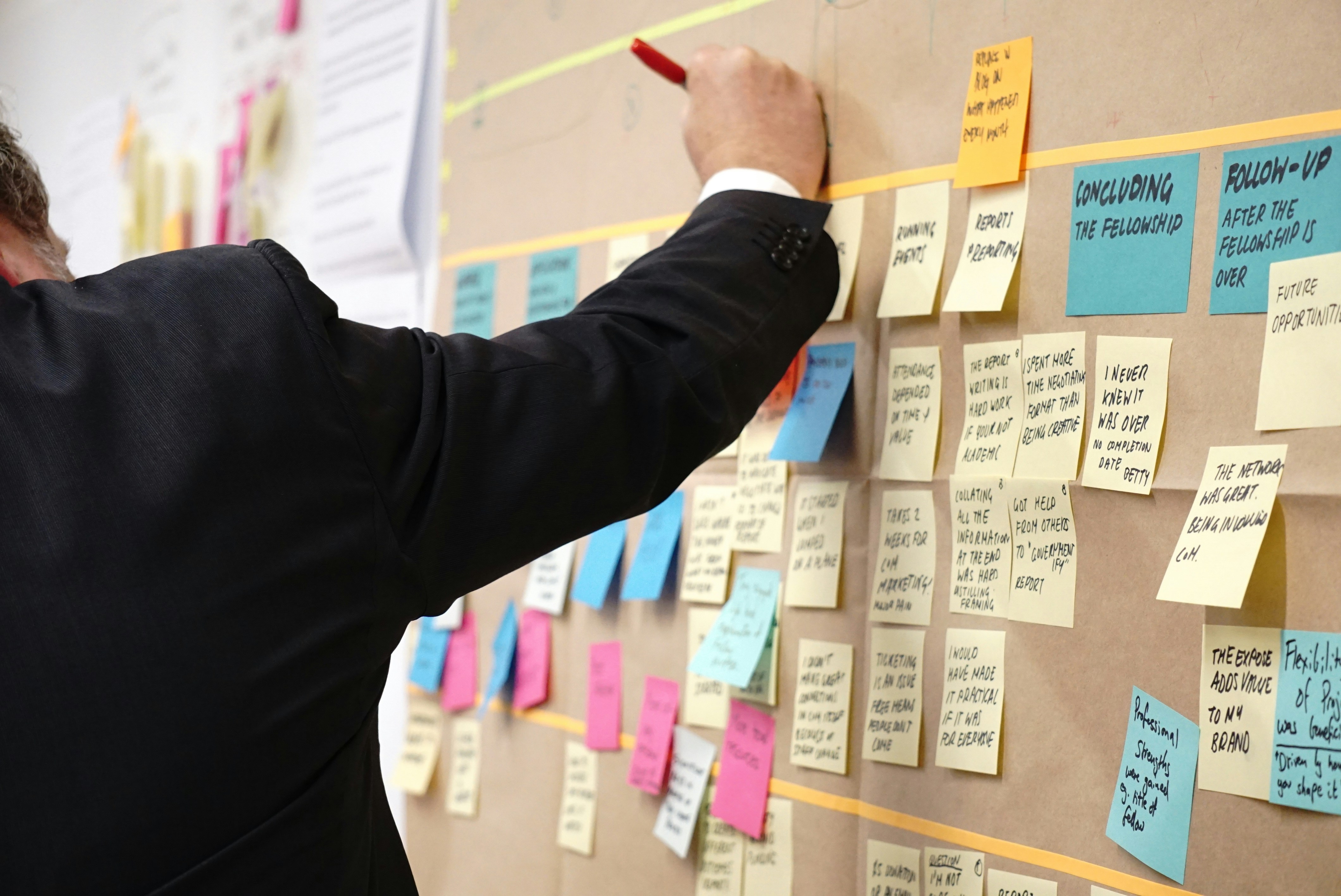 Professional using sticky notes for strategic planning and brainstorming